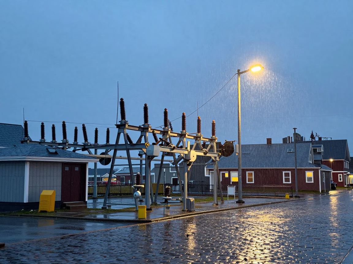 Halifax Nova Scotia Harbor Evening Substation Insulators Sparkling Under Rain Floodlights in in Halifax, Nova Scotia, Canada