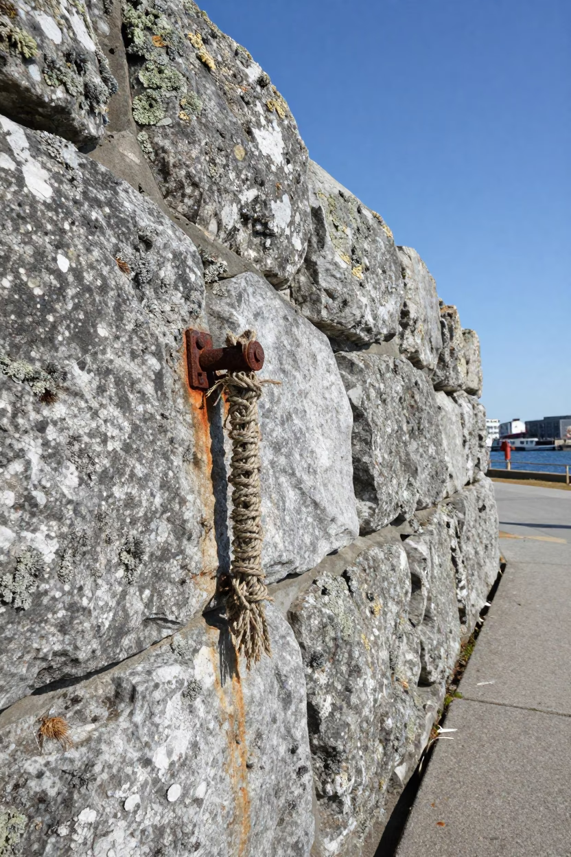 Halifax Nova Scotia Harbor Front Stone Wall Lichen and Twine in Bright Midmorning Light in in Halifax, Nova Scotia, Canada