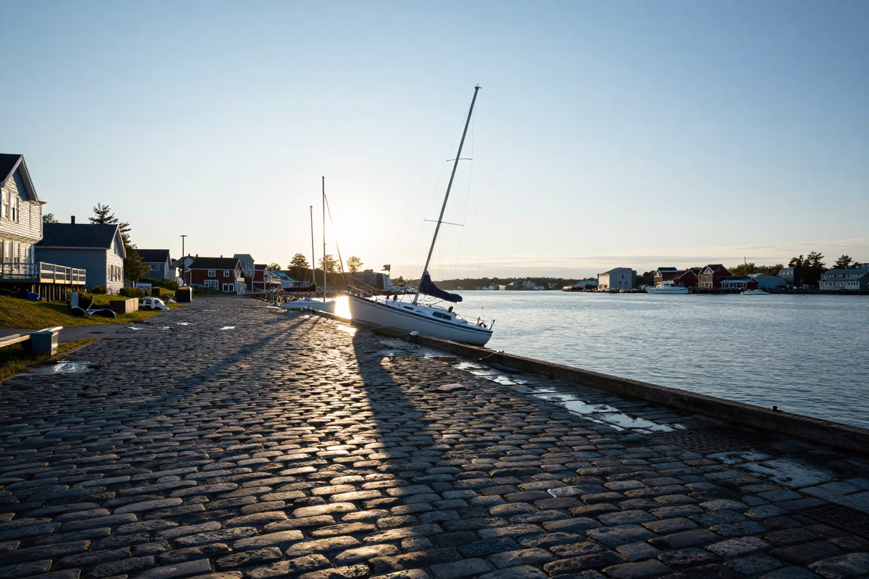 Halifax Nova Scotia Harbor Morning Light with Sailboat and Cobblestone Wharf in in Halifax, Nova Scotia, Canada