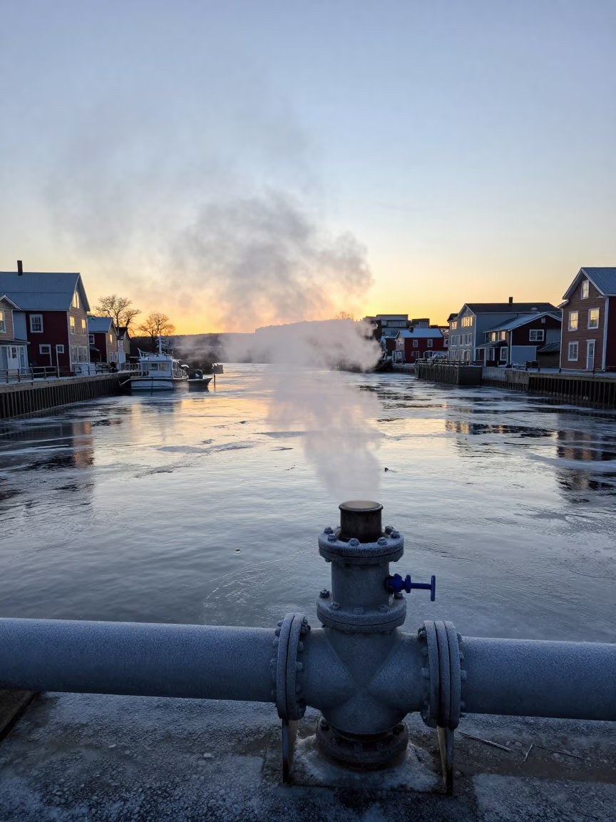 Halifax Nova Scotia Harbor Morning with Steaming District Heating Pipe and Frost in in Halifax, Nova Scotia, Canada