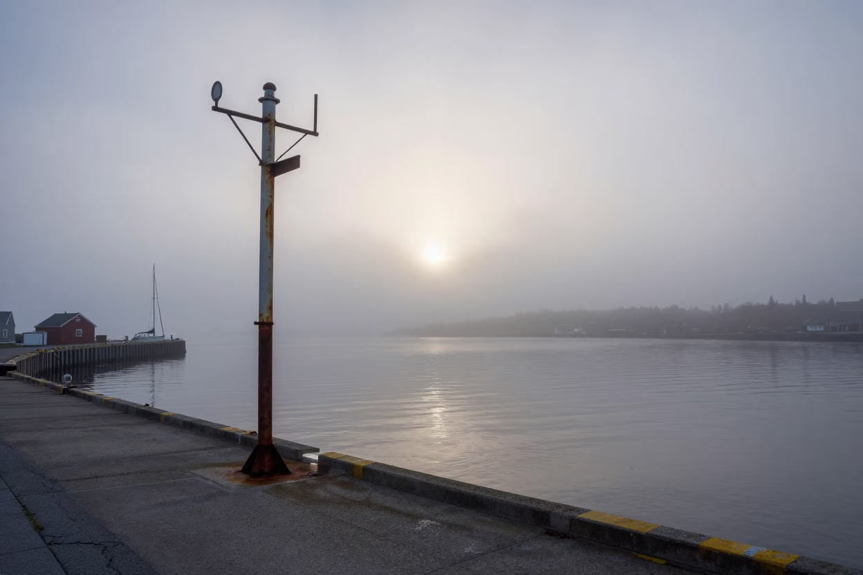 Halifax Nova Scotia Harbor Nautical Dawn Foggy Waterfront Scene with Weather Station in in Halifax, Nova Scotia, Canada