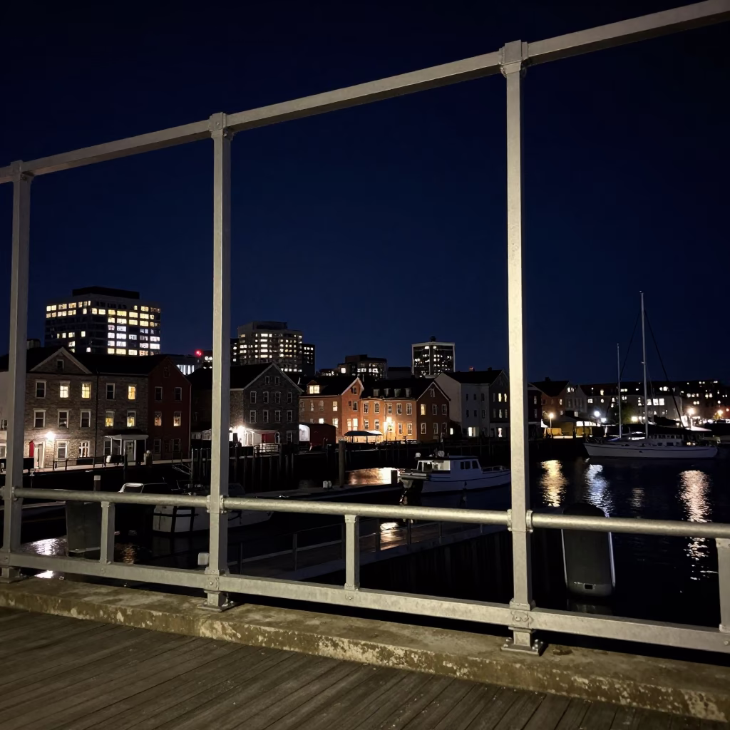 Halifax Nova Scotia harbor night scene with steel windows and city lights in in Halifax, Nova Scotia, Canada