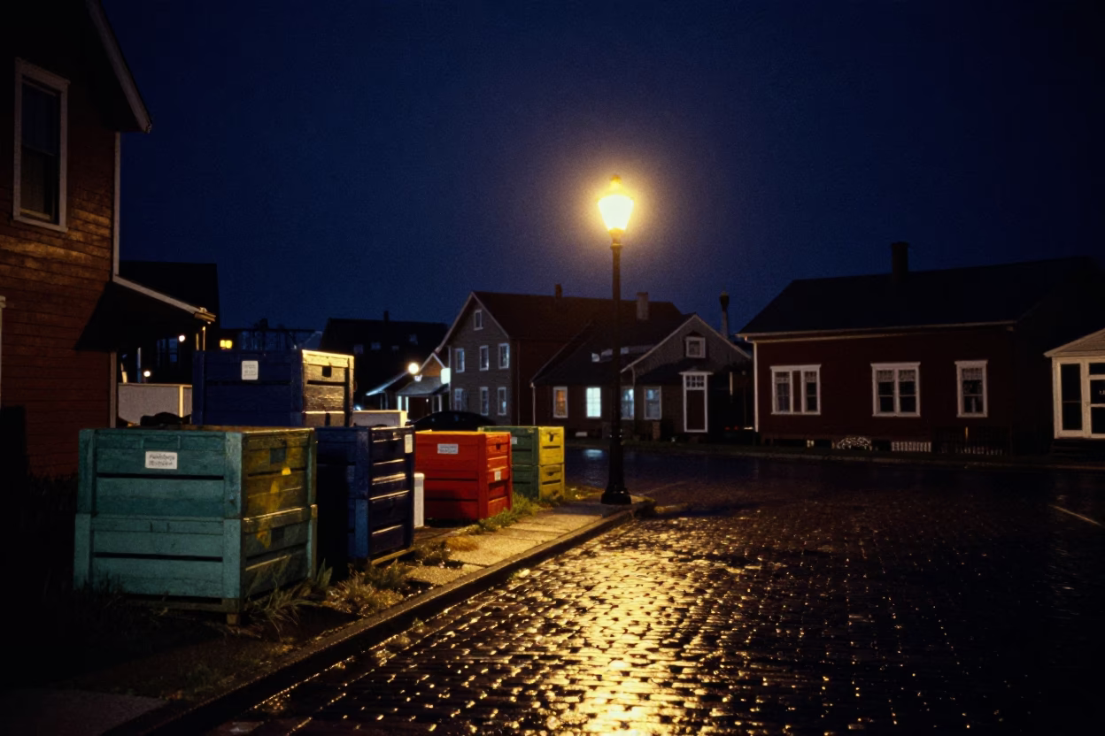 Halifax Nova Scotia Harbor Night Street Scene with Colorful Painted Crate and Umbrella Stand in in Halifax, Nova Scotia, Canada