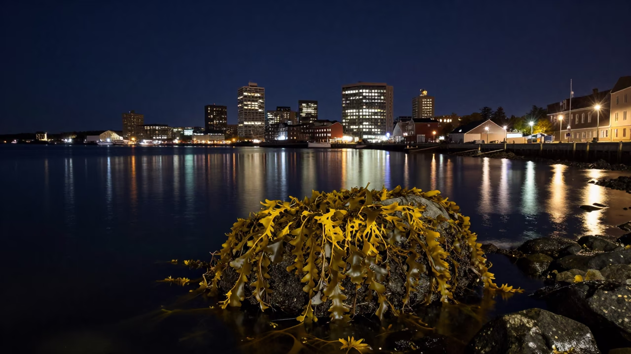 Halifax Nova Scotia Harbor Night View with Kelp Holdfast and Street Lighting in in Halifax, Nova Scotia, Canada