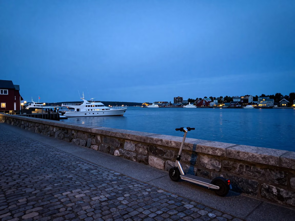 Halifax Nova Scotia Harbor Promenade Pre-Dawn Scooter and Cobblestone Waterfront Scene in in Halifax, Nova Scotia, Canada