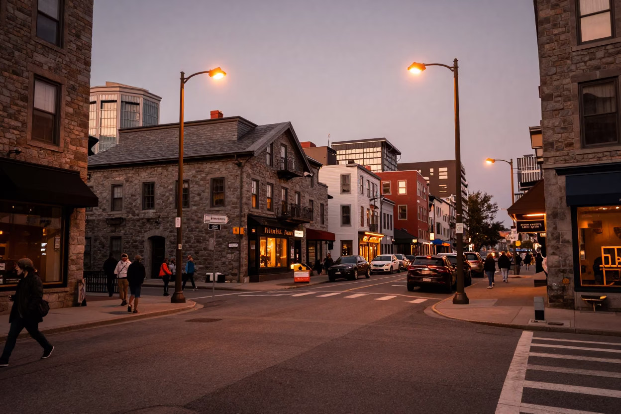 Halifax Nova Scotia Harbor Street Scene with Copper Dusk Light and Japanese Maple in in Halifax, Nova Scotia, Canada