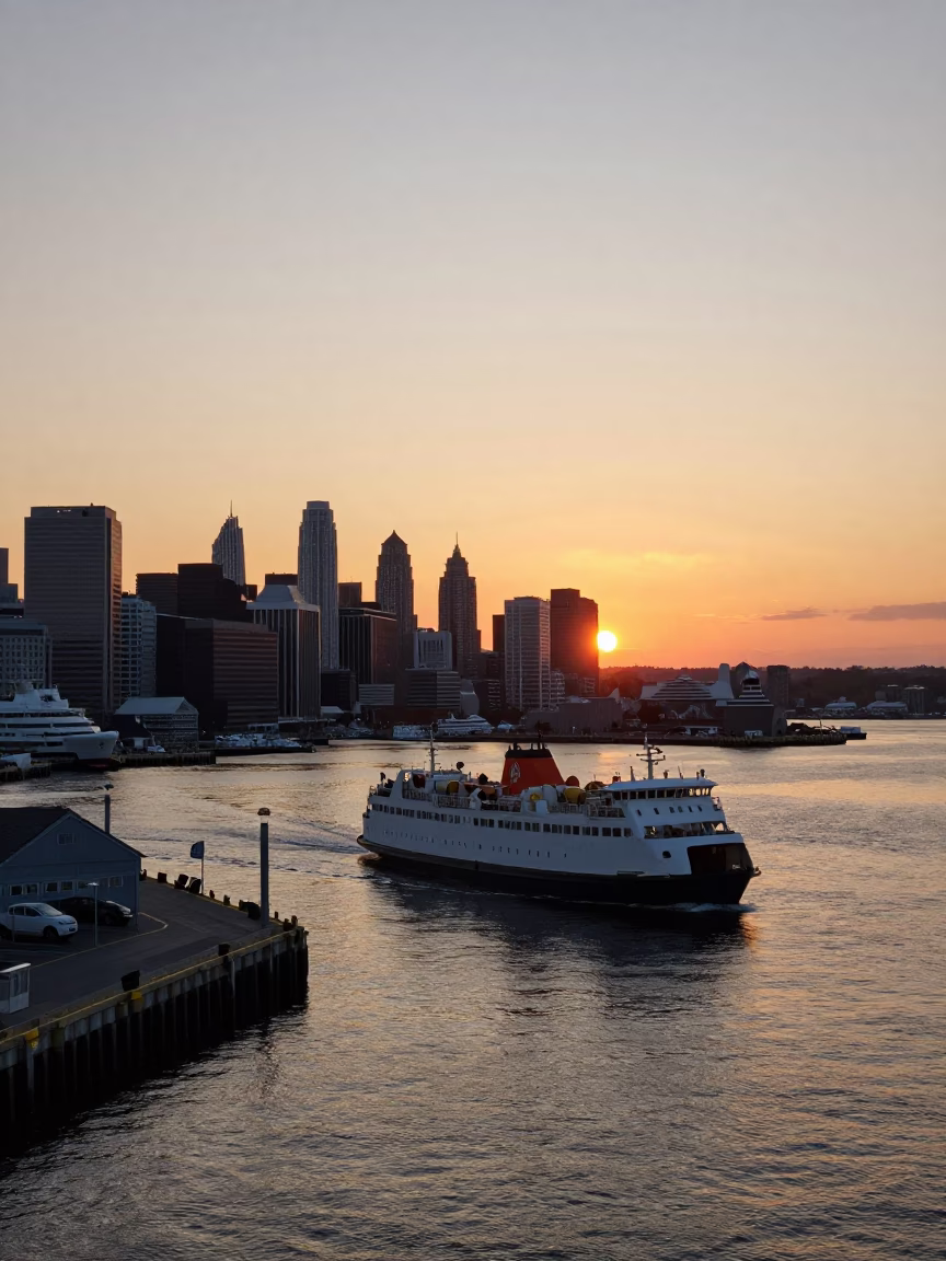 Halifax Nova Scotia Harbor Sunset Ferry Approach with City Skyline and Water Reflections in in Halifax, Nova Scotia, Canada