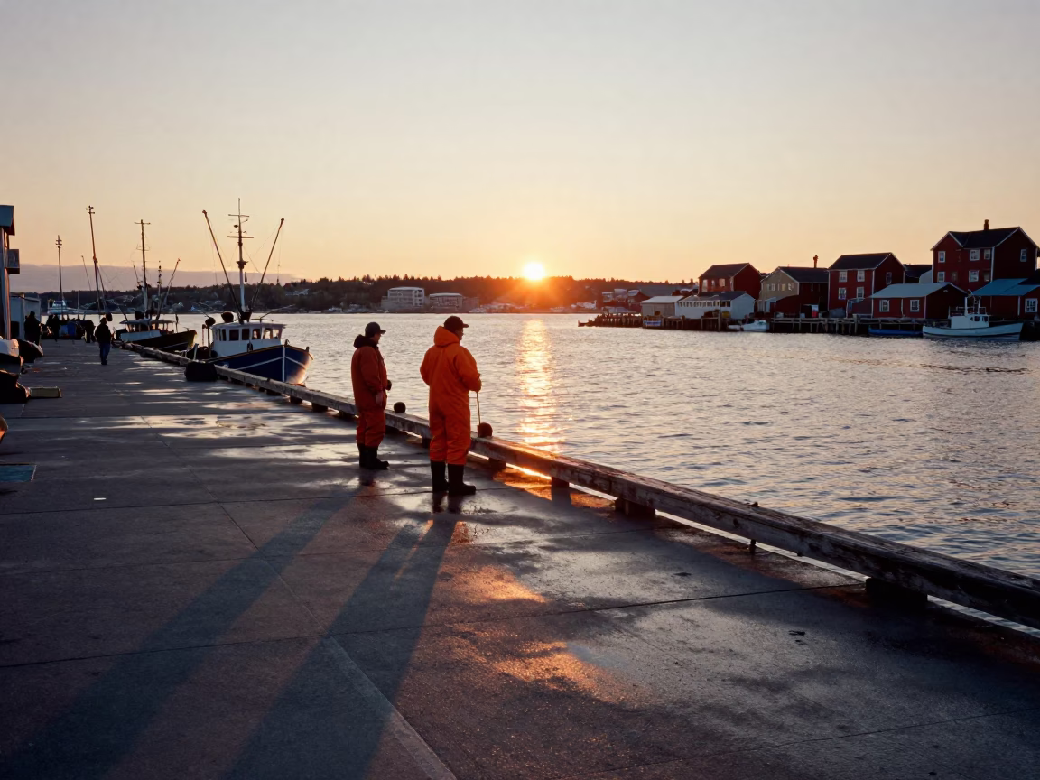Halifax Nova Scotia Harbor Sunset with Fishermen and Dockside Activity in in Halifax, Nova Scotia, Canada