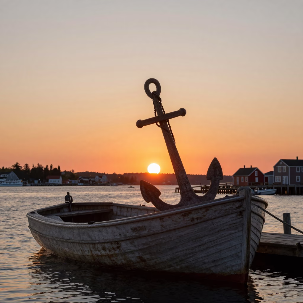 Halifax Nova Scotia Harbor Sunset Wooden Fishing Boat Anchor Sunset Light in in Halifax, Nova Scotia, Canada