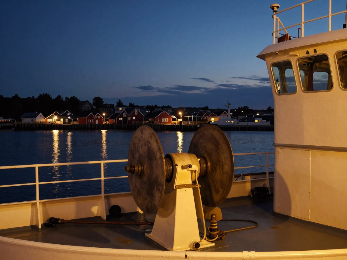 Halifax Nova Scotia Harbor Twilight View with Hydrophone Winch and Golden Light in in Halifax, Nova Scotia, Canada