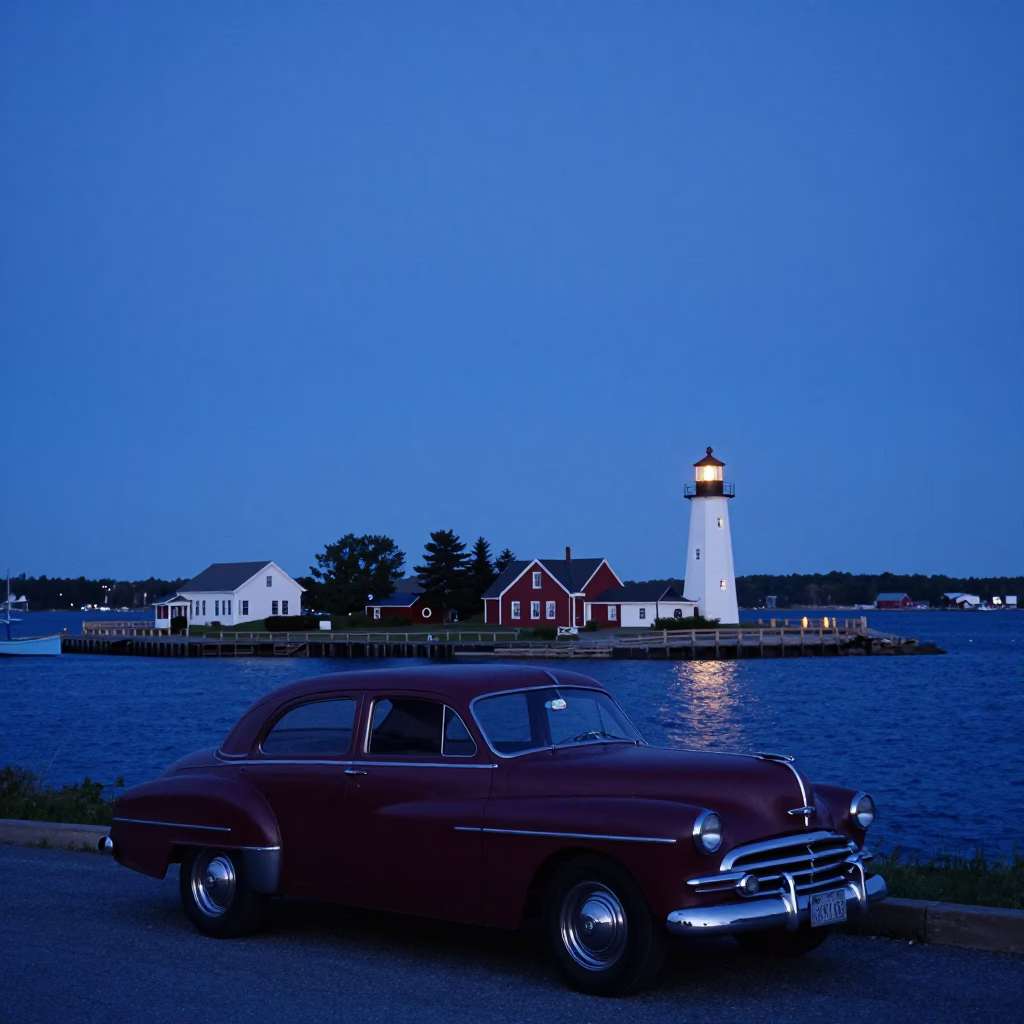 Halifax Nova Scotia Harbor Twilight with Vintage Cars and Lighthouse in in Halifax, Nova Scotia, Canada