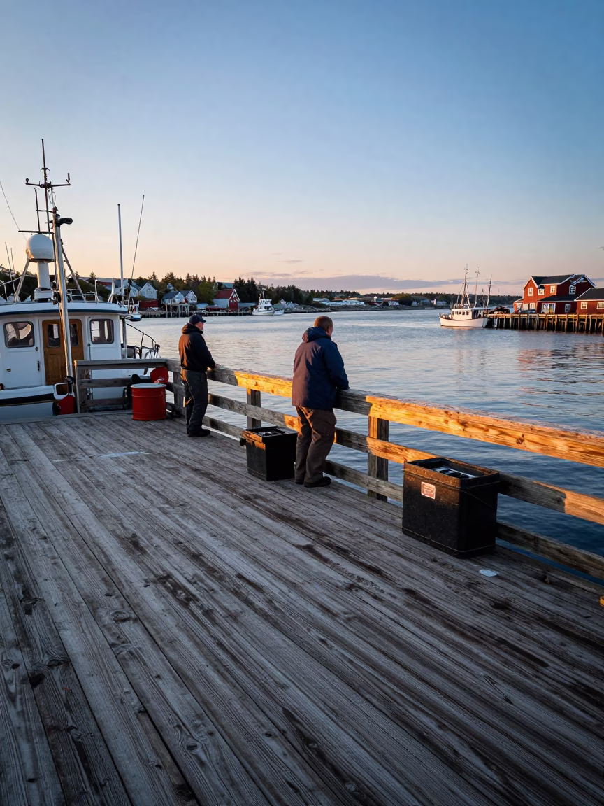 Halifax Nova Scotia Harbour Dawn Fishing Gear and Tea on Wooden Deck in in Halifax, Nova Scotia, Canada
