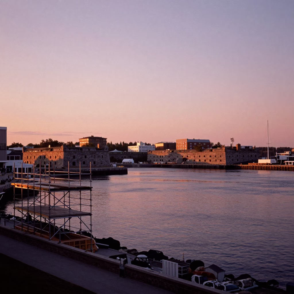 Halifax Nova Scotia Harbour Dusk View with Construction Scaffolding and Industrial Waterfront in in Halifax, Nova Scotia, Canada