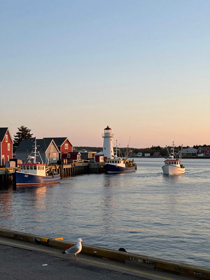 Halifax Nova Scotia Harbour First Light Seagulls and Fishing Boats in in Halifax, Nova Scotia, Canada