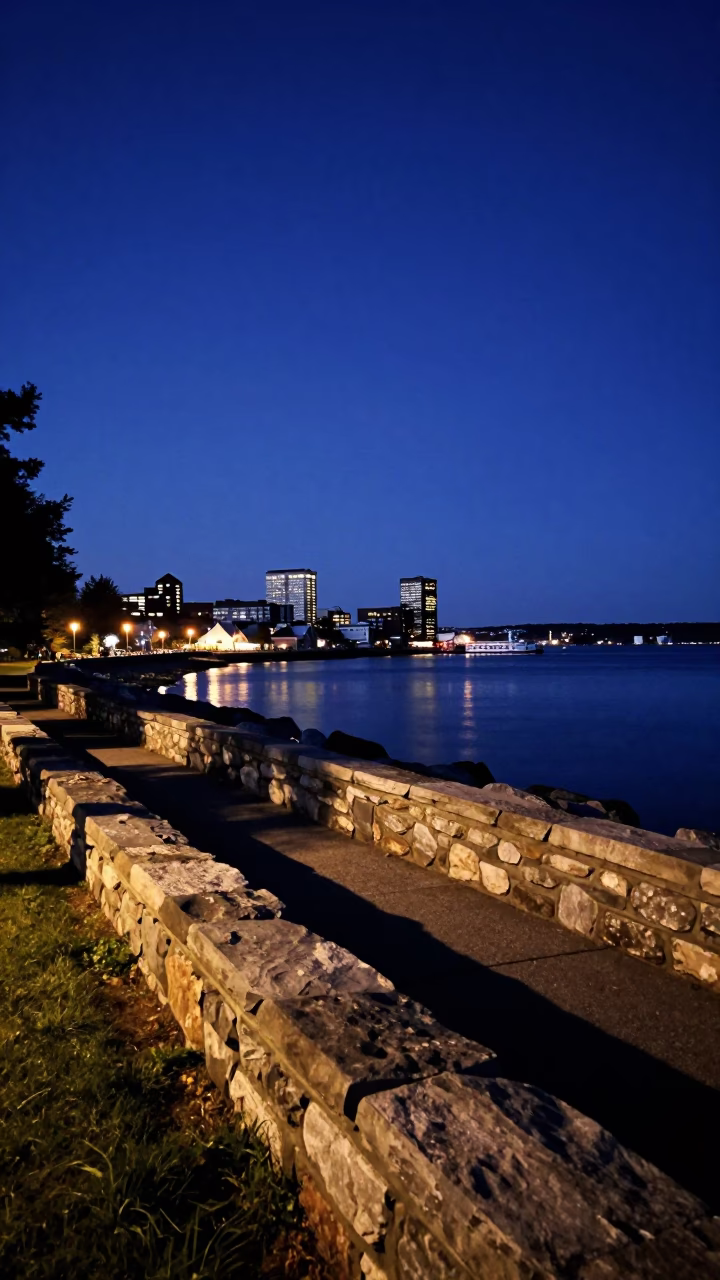 Halifax Nova Scotia Harbour Indigo Twilight View from Public Gardens Stone Wall in in Halifax, Nova Scotia, Canada