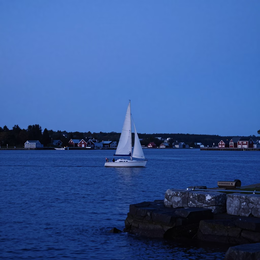 Halifax Nova Scotia Harbour Indigo Twilight View of Sailboat and Stone Architecture in in Halifax, Nova Scotia, Canada