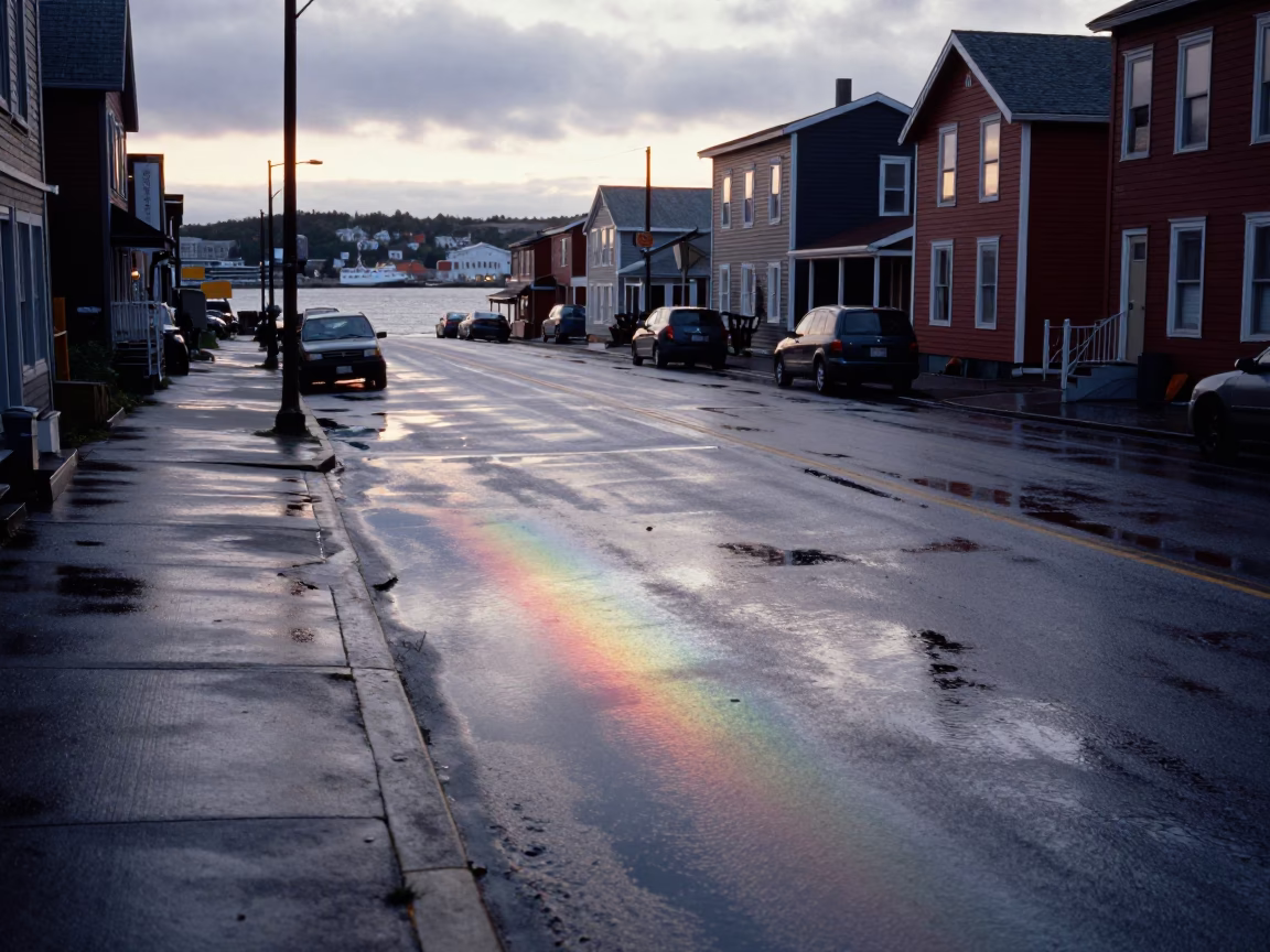Halifax Nova Scotia Harbour Morning Street Scene with Oil Sheen Puddle and Weathered Concrete in in Halifax, Nova Scotia, Canada