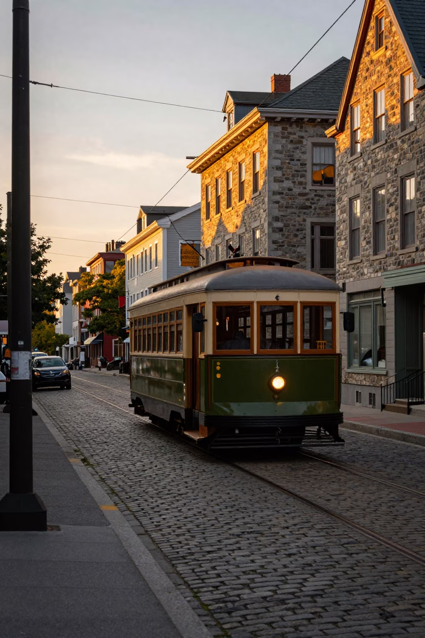Halifax Nova Scotia Heritage Tram on Cobblestone Street in Honeyed Evening Light in in Halifax, Nova Scotia, Canada