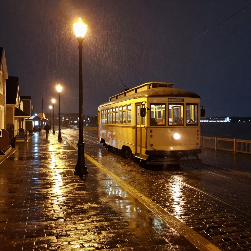 Halifax Nova Scotia Heritage Tram on Rain-Swept Coastal Promenade at Night in in Halifax, Nova Scotia, Canada