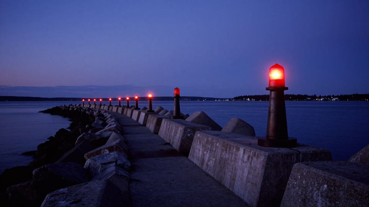 Halifax Nova Scotia indigo twilight coastal breakwater warning beacons larch grove autumn in in Halifax, Nova Scotia, Canada