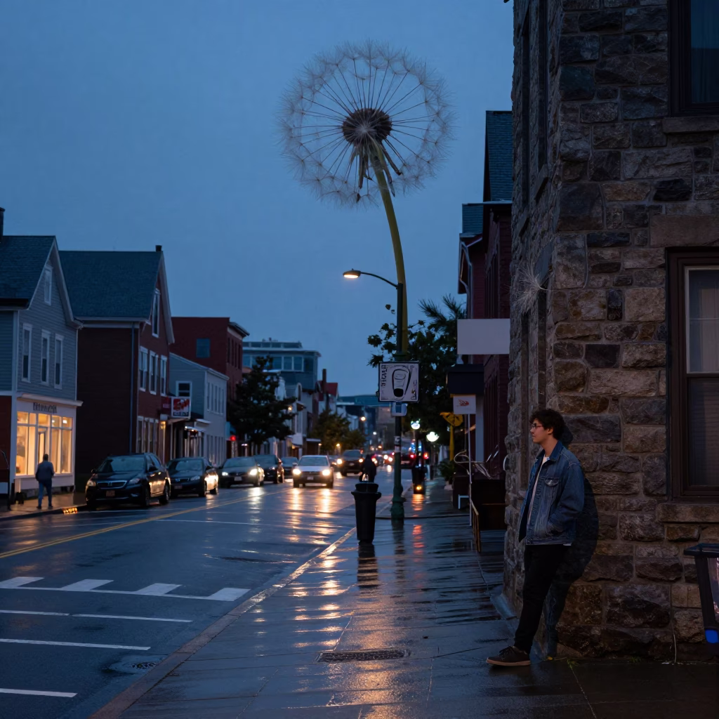 Halifax Nova Scotia indigo twilight street scene with dandelion seed head in in Halifax, Nova Scotia, Canada