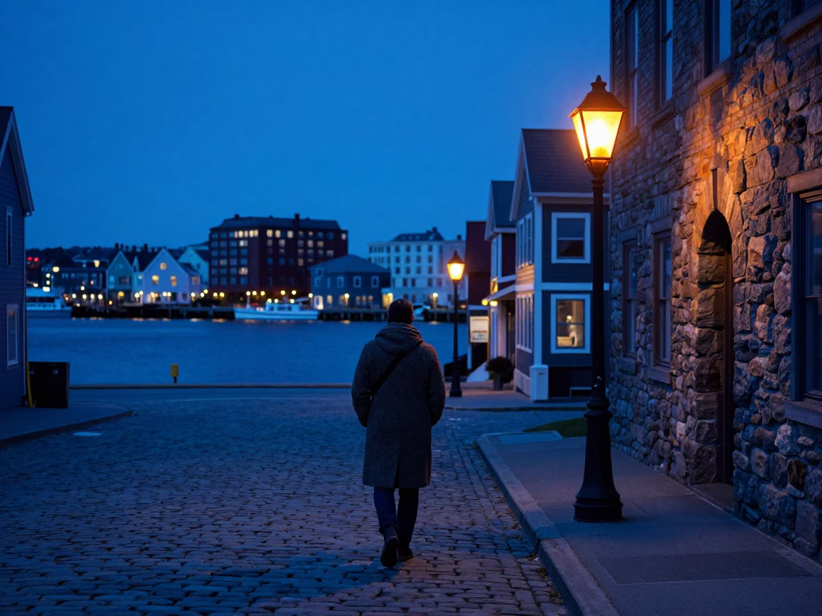 Halifax Nova Scotia Indigo Twilight Street Scene with Lantern and Stone Observatory Hilltop View in in Halifax, Nova Scotia, Canada