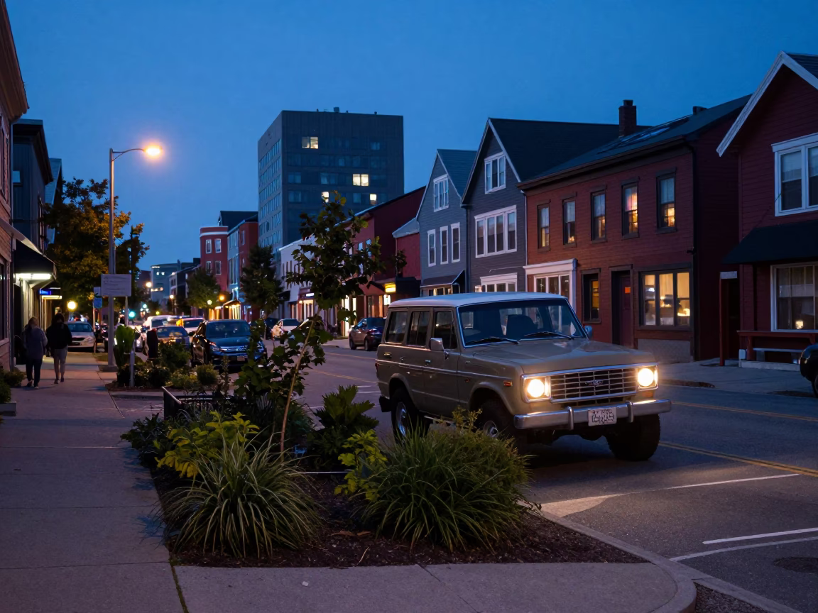 Halifax Nova Scotia Indigo Twilight Street Scene with Vintage SUV and Houseplants in in Halifax, Nova Scotia, Canada