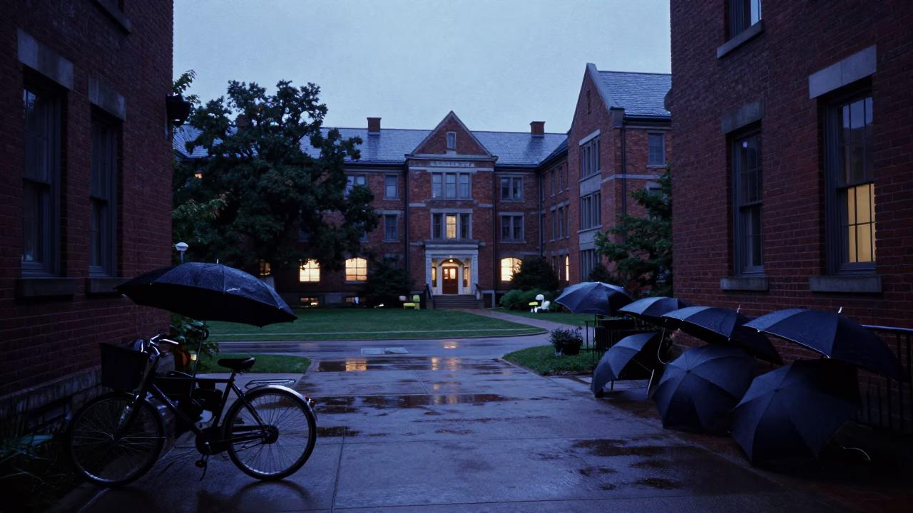 Halifax Nova Scotia indigo twilight university courtyard umbrellas and wet bicycle rack in in Halifax, Nova Scotia, Canada