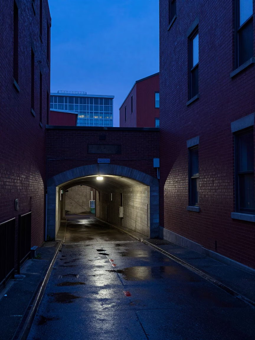 Halifax Nova Scotia Indigo Twilight Urban Street Photography with Service Tunnel Reflections in in Halifax, Nova Scotia, Canada