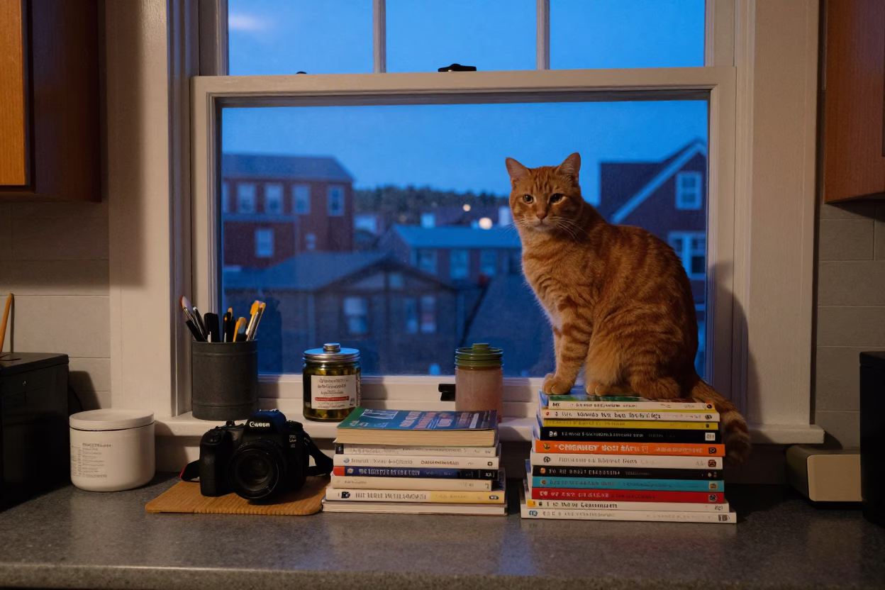 Halifax Nova Scotia Kitchen Before Dawn with Mops and Orange Cat in in Halifax, Nova Scotia, Canada