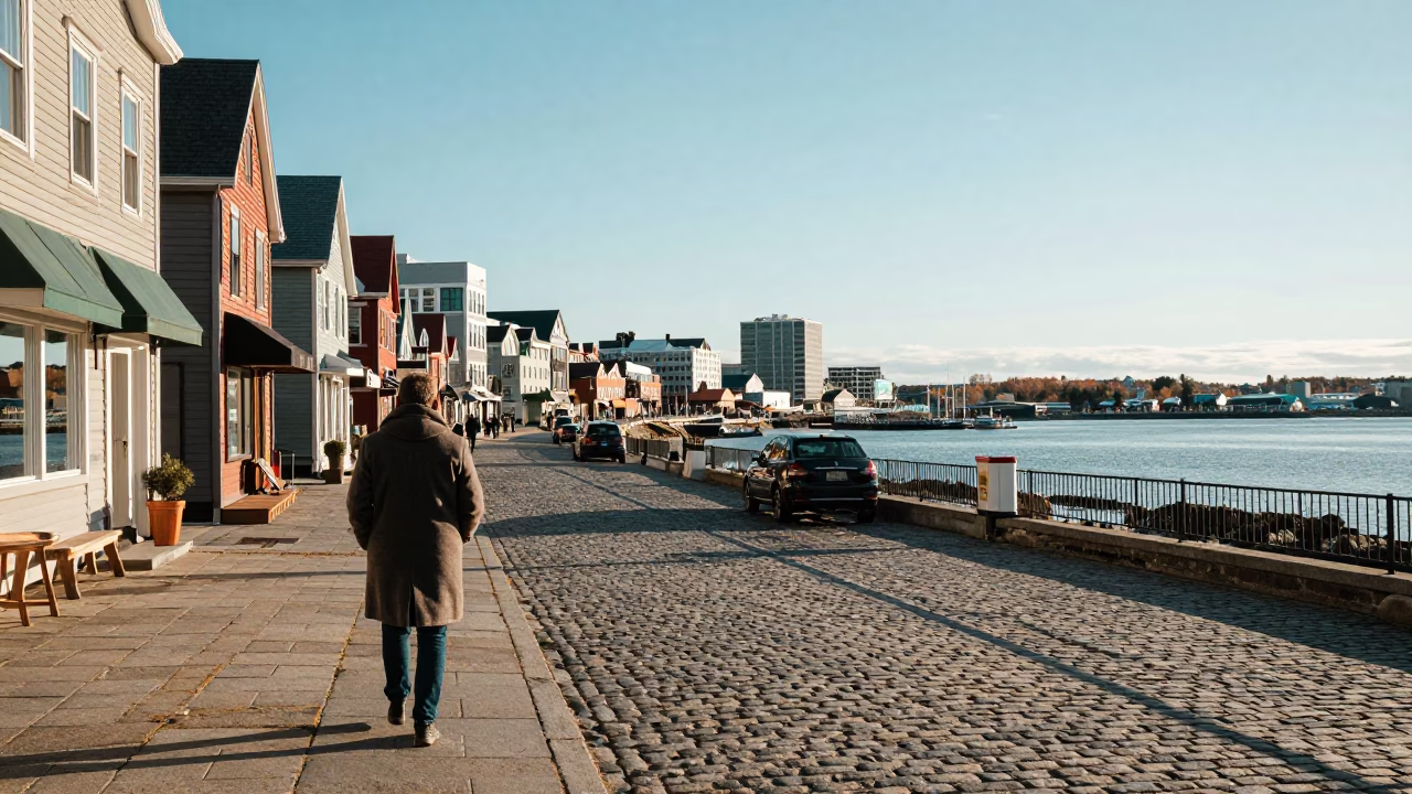 Halifax Nova Scotia Late Afternoon Street Scene with Coastal Architecture and Pedestrians in in Halifax, Nova Scotia, Canada