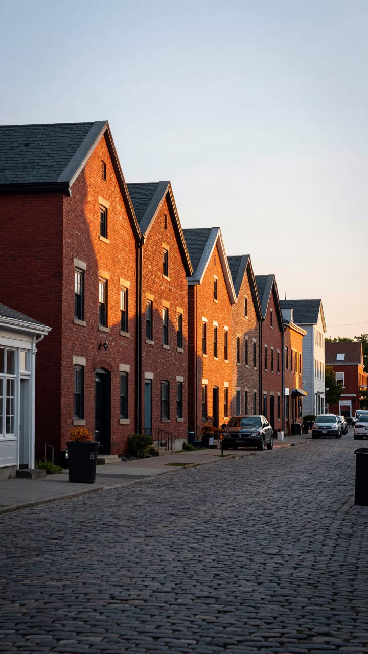 Halifax Nova Scotia late afternoon street scene with red brick architecture and historic waterfront in in Halifax, Nova Scotia, Canada