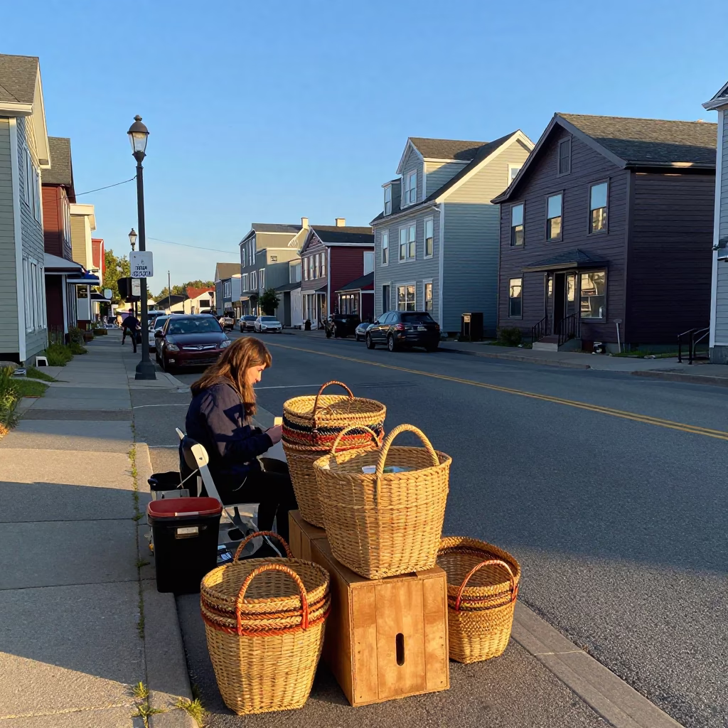 Halifax Nova Scotia Late Afternoon Street Scene with Woven Baskets and Local Commerce in in Halifax, Nova Scotia, Canada