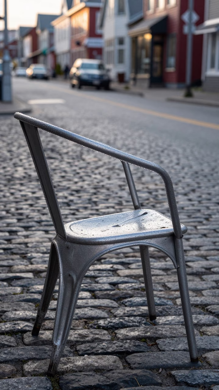 Halifax Nova Scotia Late Morning Street Scene with Condensation on Metal Chair in in Halifax, Nova Scotia, Canada