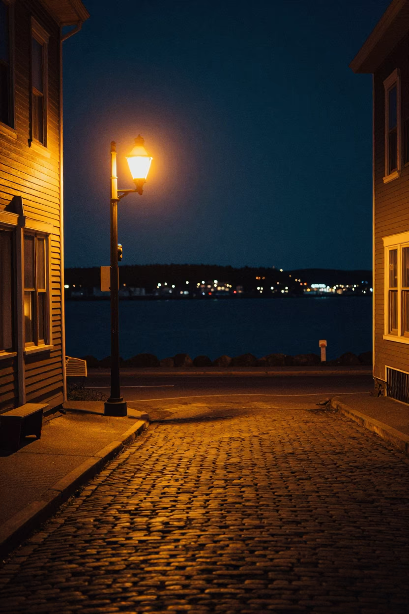 Halifax Nova Scotia late night street scene with vintage 1950s aesthetic and harbor elements in in Halifax, Nova Scotia, Canada