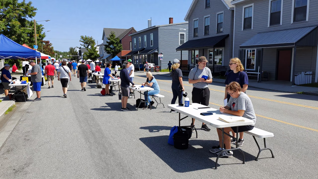 Halifax Nova Scotia Midday Street Scene with Folding Tables and Local Community Gathering in in Halifax, Nova Scotia, Canada