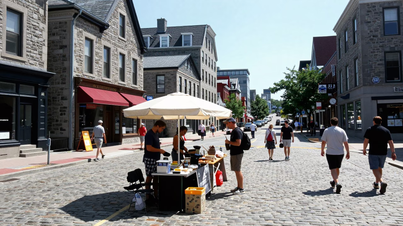 Halifax Nova Scotia Midday Street Scene with Local Vendor and Pedestrians in in Halifax, Nova Scotia, Canada