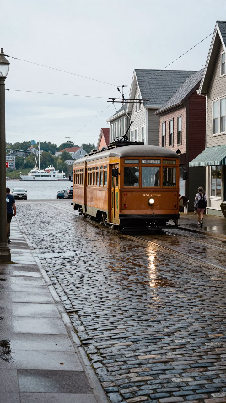 Halifax Nova Scotia Midday Street Scene with Trams and Cobblestones in in Halifax, Nova Scotia, Canada