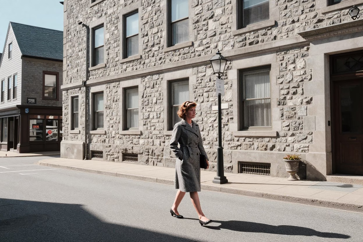 Halifax Nova Scotia Midday Street Scene with Vintage 1960s Fashion and Local Details in in Halifax, Nova Scotia, Canada