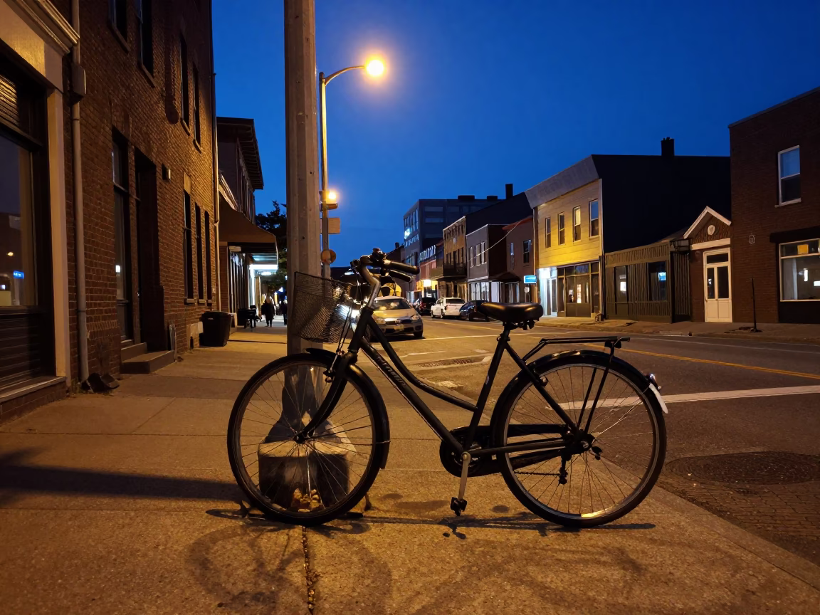 Halifax Nova Scotia Midnight Street Scene with Bicycle and Urban Details in in Halifax, Nova Scotia, Canada