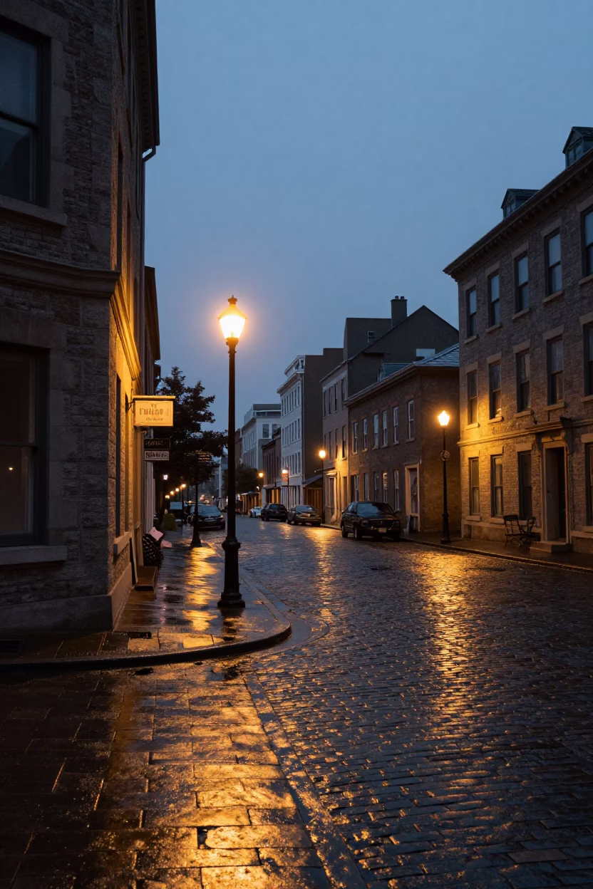 Halifax Nova Scotia Midnight Street Scene with Vintage 1950s Architecture and Wet Cobblestones in in Halifax, Nova Scotia, Canada