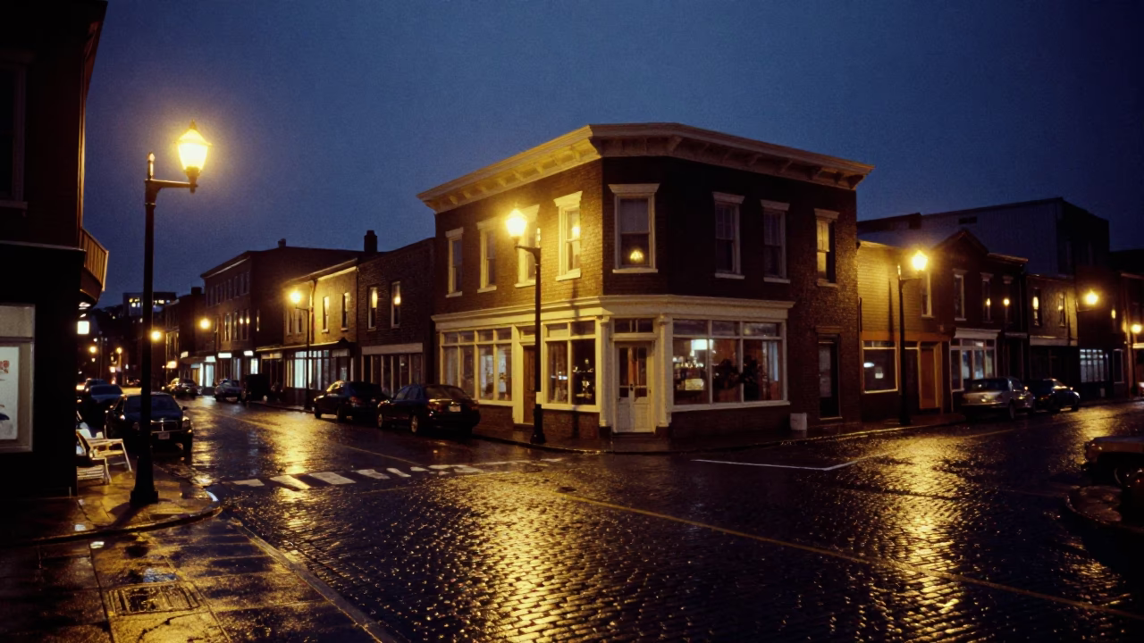 Halifax Nova Scotia Midnight Street Scene with Vintage 1970s Architecture and Urban Ambiance in in Halifax, Nova Scotia, Canada