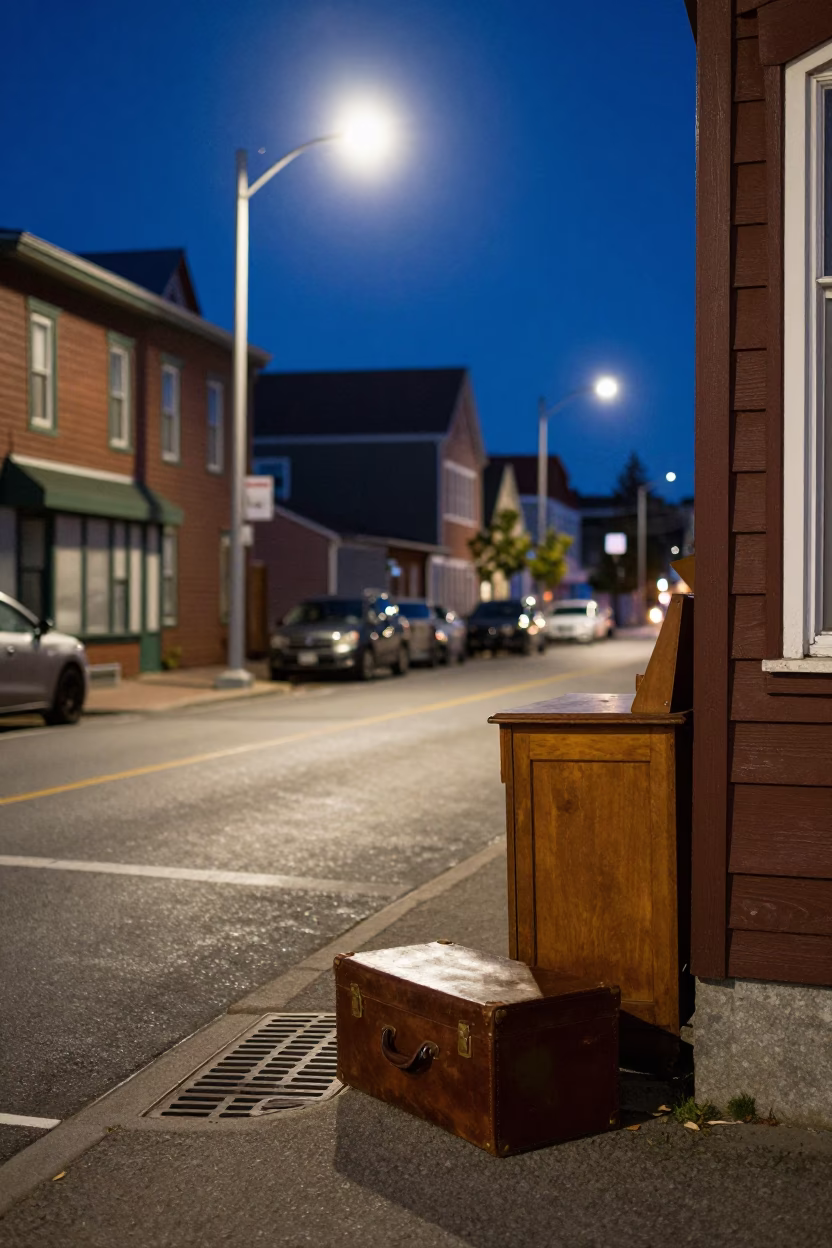 Halifax Nova Scotia Midnight Street Scene with Vintage Hatbox and Desk Lamp in in Halifax, Nova Scotia, Canada