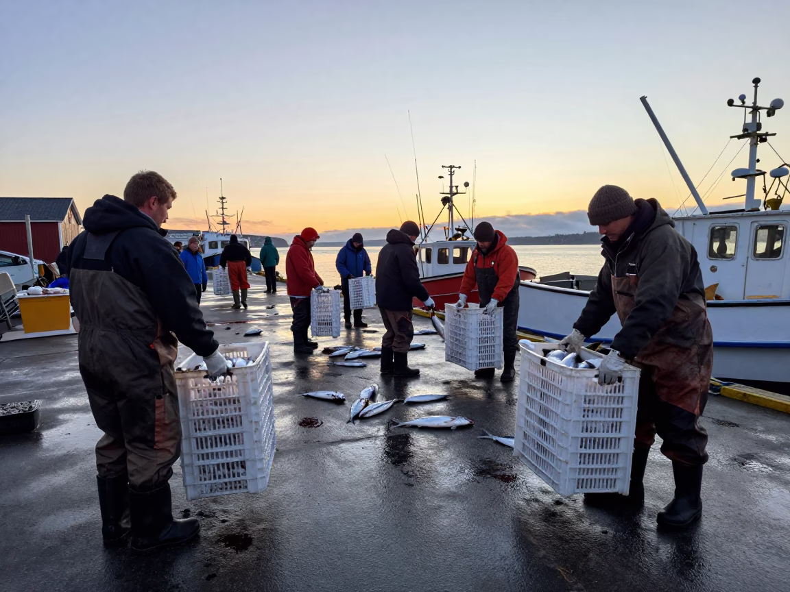 Halifax Nova Scotia Morning Fish Auction Port Scene Early Dawn in in Halifax, Nova Scotia, Canada