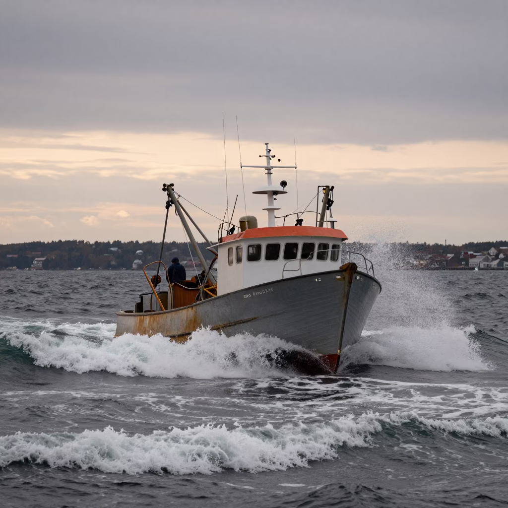 Halifax Nova Scotia Nautical Dawn Fishing Boat Returning Through Crashing Surf in in Halifax, Nova Scotia, Canada