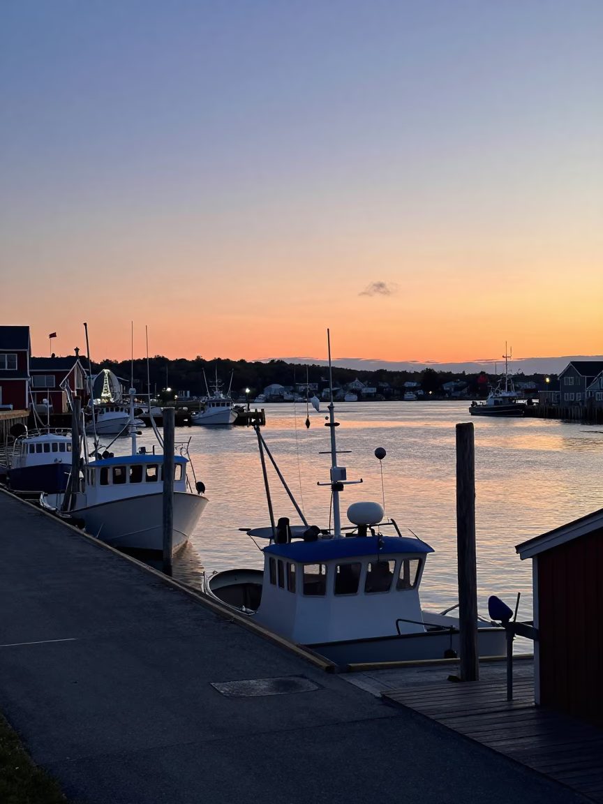 Halifax Nova Scotia Nautical Dawn Harbor View with Fishing Boats and Lighthouse in in Halifax, Nova Scotia, Canada