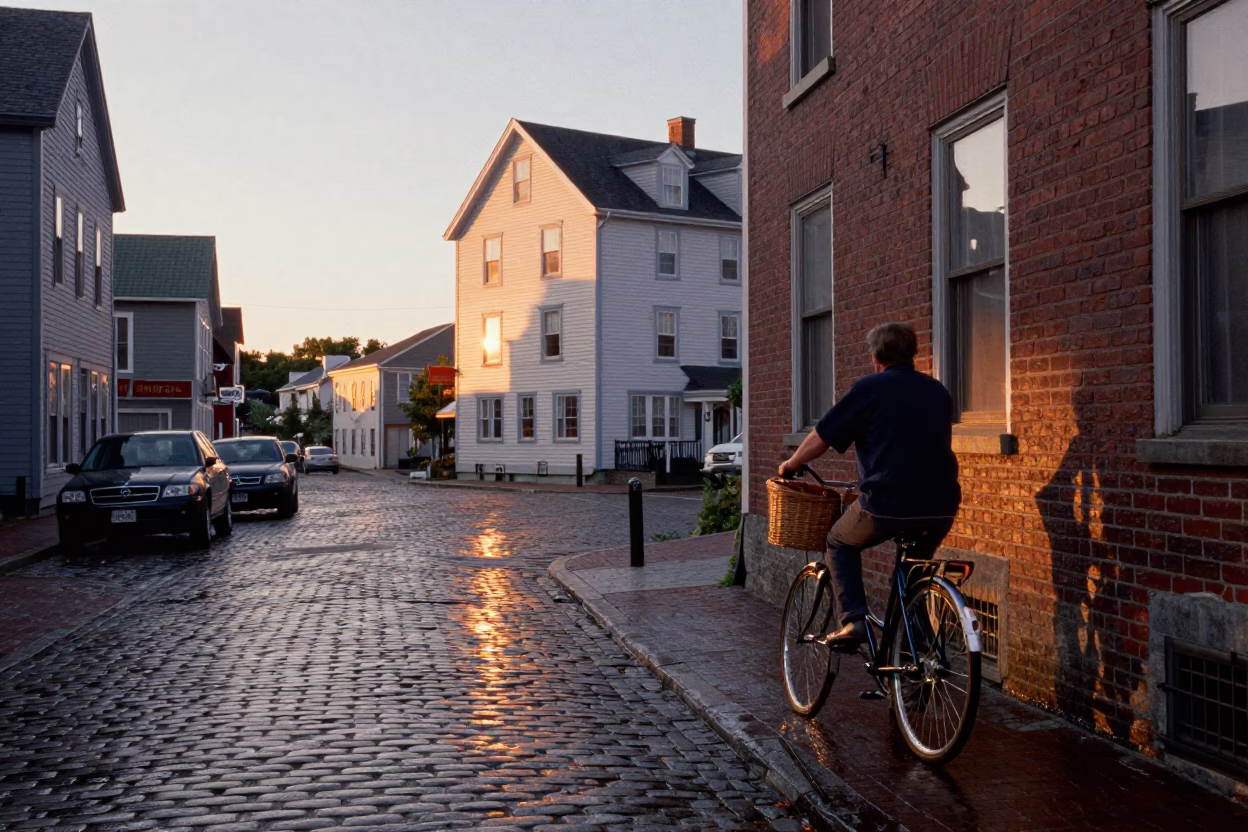 Halifax Nova Scotia Nautical Dawn Street Scene with Bicycle and Hotel Valet Stand in in Halifax, Nova Scotia, Canada