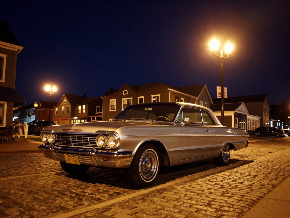 Halifax Nova Scotia Night Scene with Vintage Car and Streetlights in in Halifax, Nova Scotia, Canada