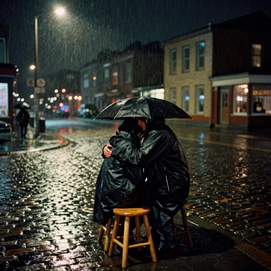 Halifax Nova Scotia Night Street Scene With Raincoats And Wooden Stool in in Halifax, Nova Scotia, Canada