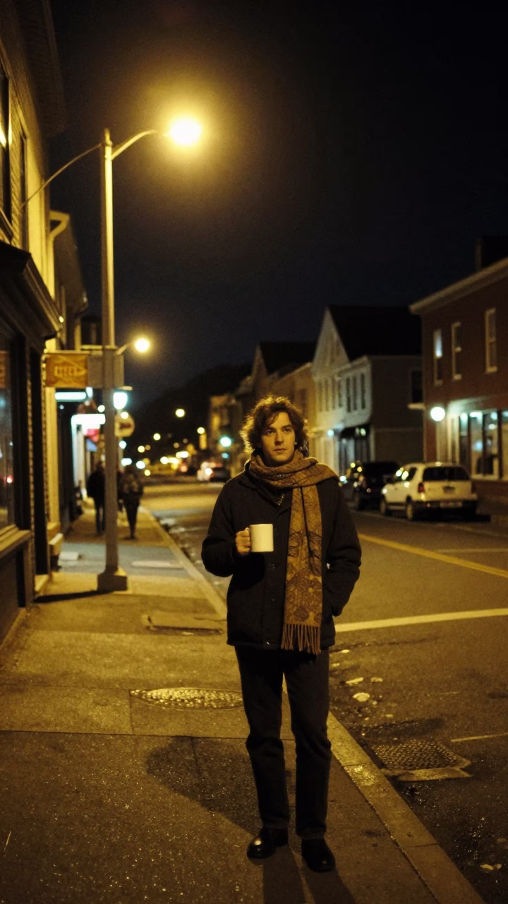 Halifax Nova Scotia Night Street Scene with Scarf and Mug in 1980s Realistic Photography in in Halifax, Nova Scotia, Canada